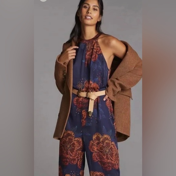 ANTHROPOLOGIE FARM RIO SLEEVELESS FLORAL HALTER JUMPSUIT SIZE M NAVY/ORANGE NWT - Picture 7 of 11